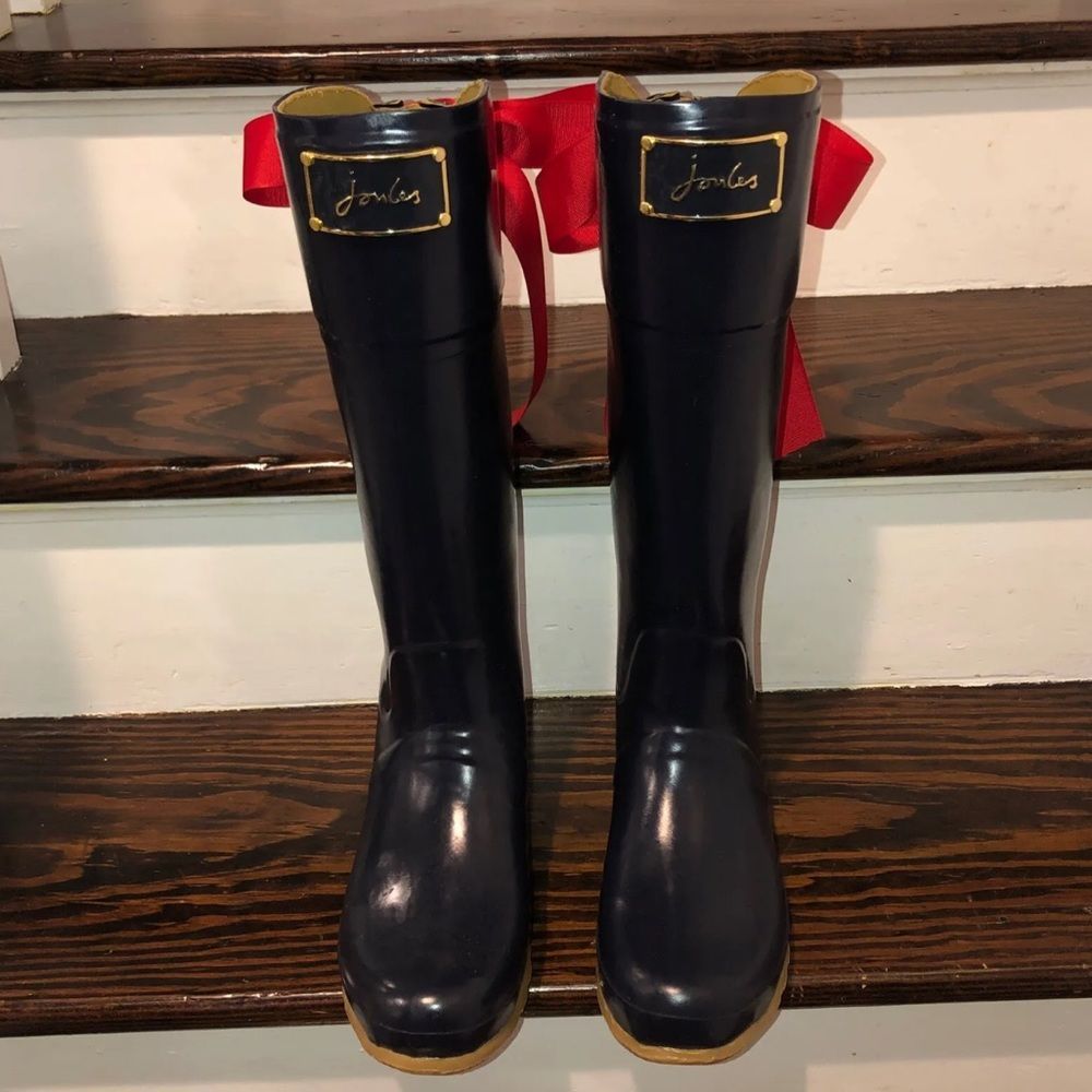 JOULES EVEDON Navy Blue Tall Rain Boots with Red Bows
